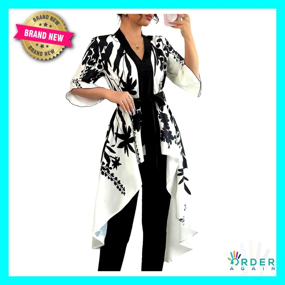 Floral Bell Sleeve Blouse V Neck High Low Tie Front Work Dressy Tops